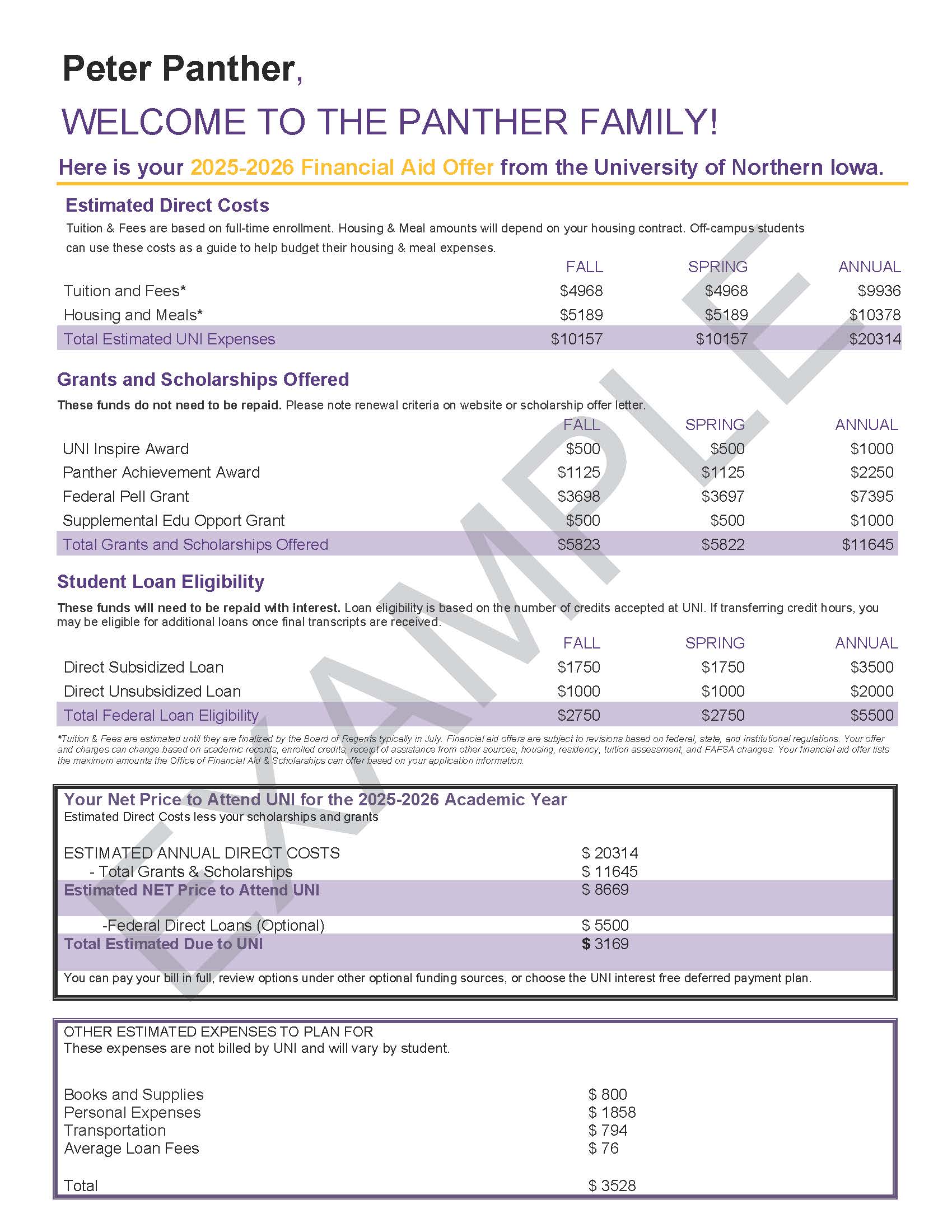 Example offer letter for 2025-2026