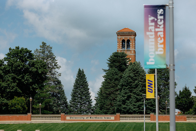 Campanile and UNI street banner