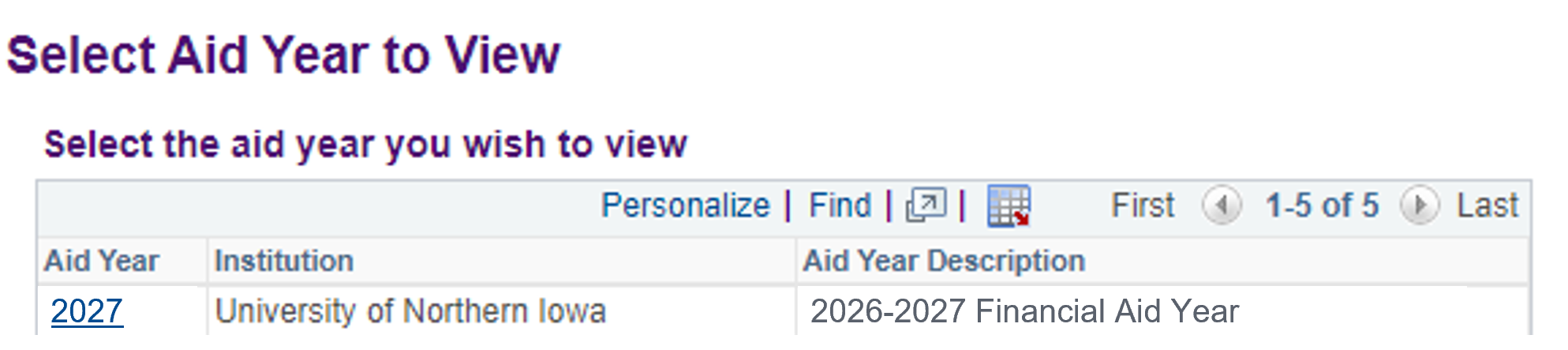 Screenshot showing Select Aid Year to View on Student Center