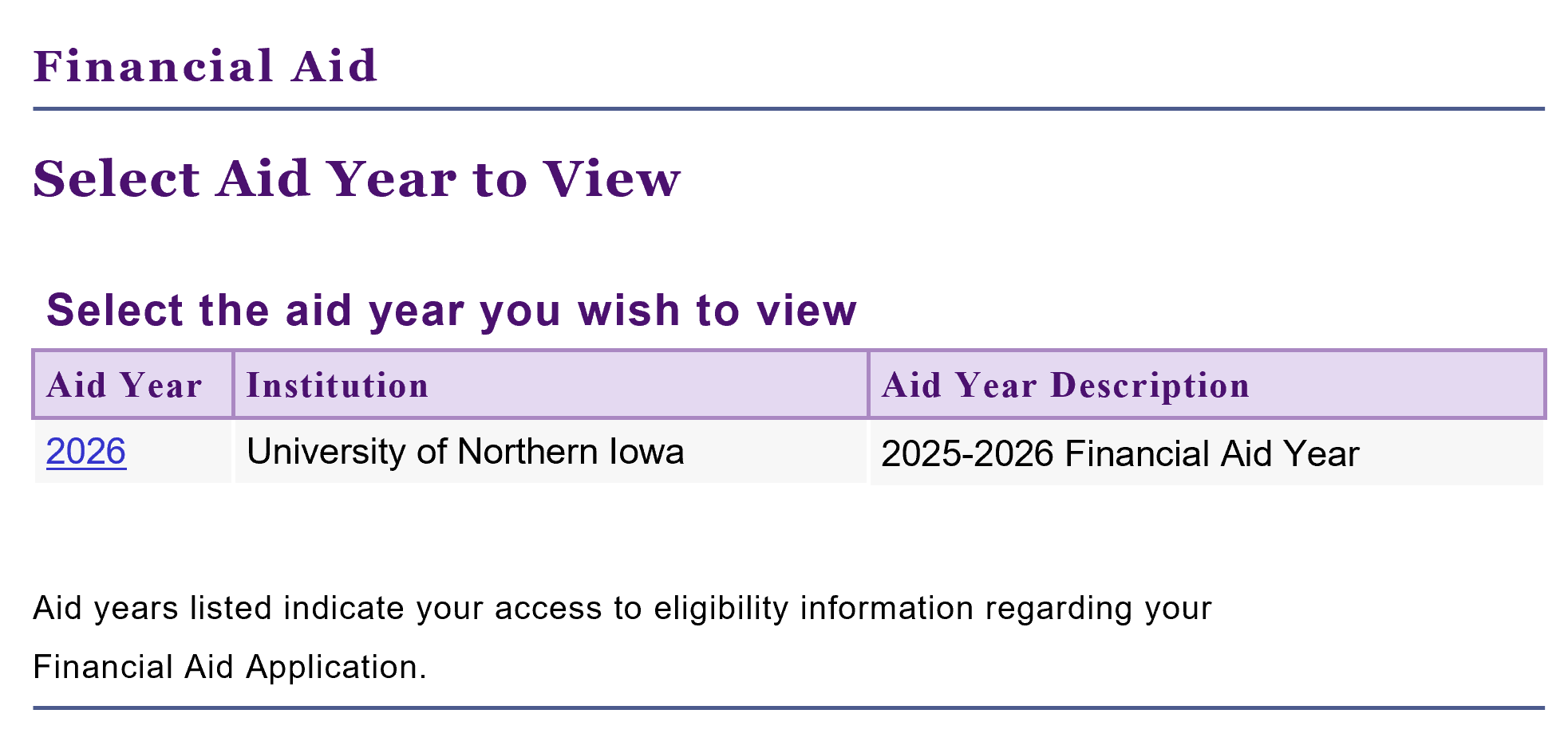 Select aid year to view screenshot