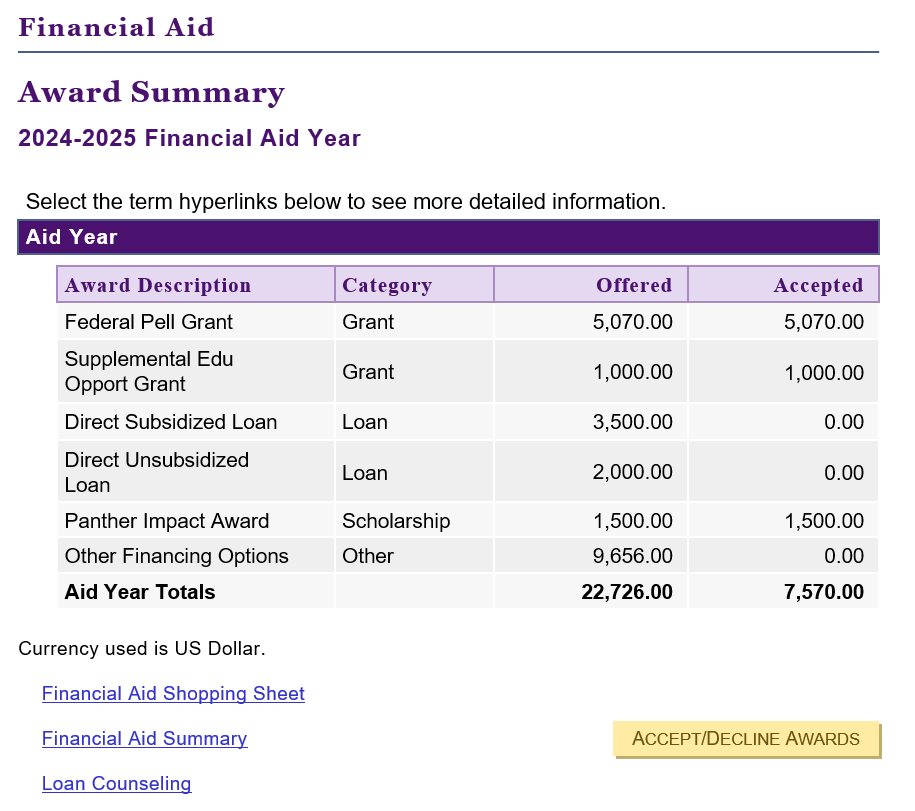 Screenshot of example financial aid offer