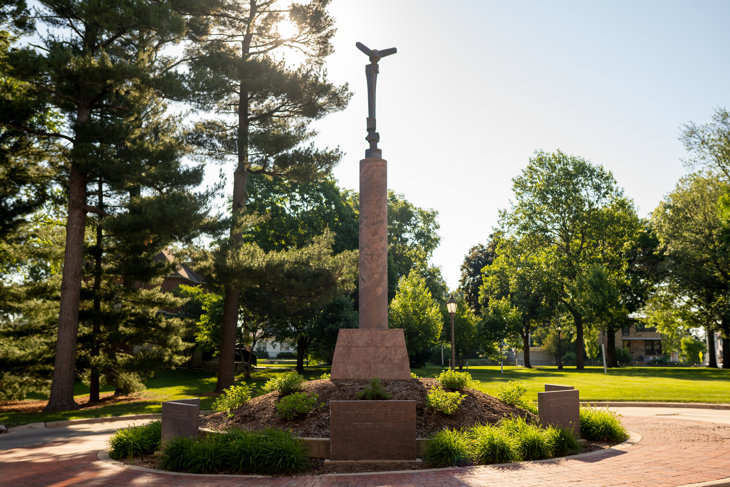 View of memorial statue on the UNI campus outside in the summer