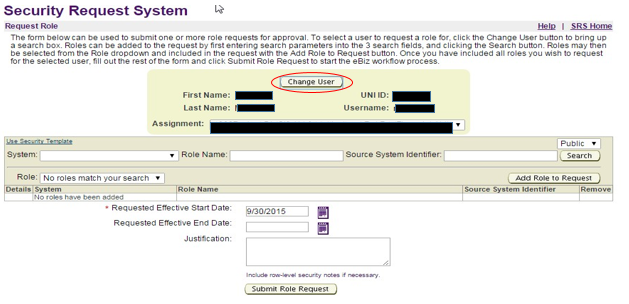 Change User circled on Security System Request