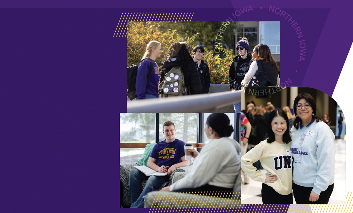 collage of 3 photos: a group of 5 students talking on campus, a pair of students sitting on upholstered chairs with an open notebook, and a pair of students smiling welcomingly