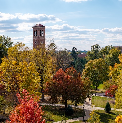 Aerial view of campus during fall