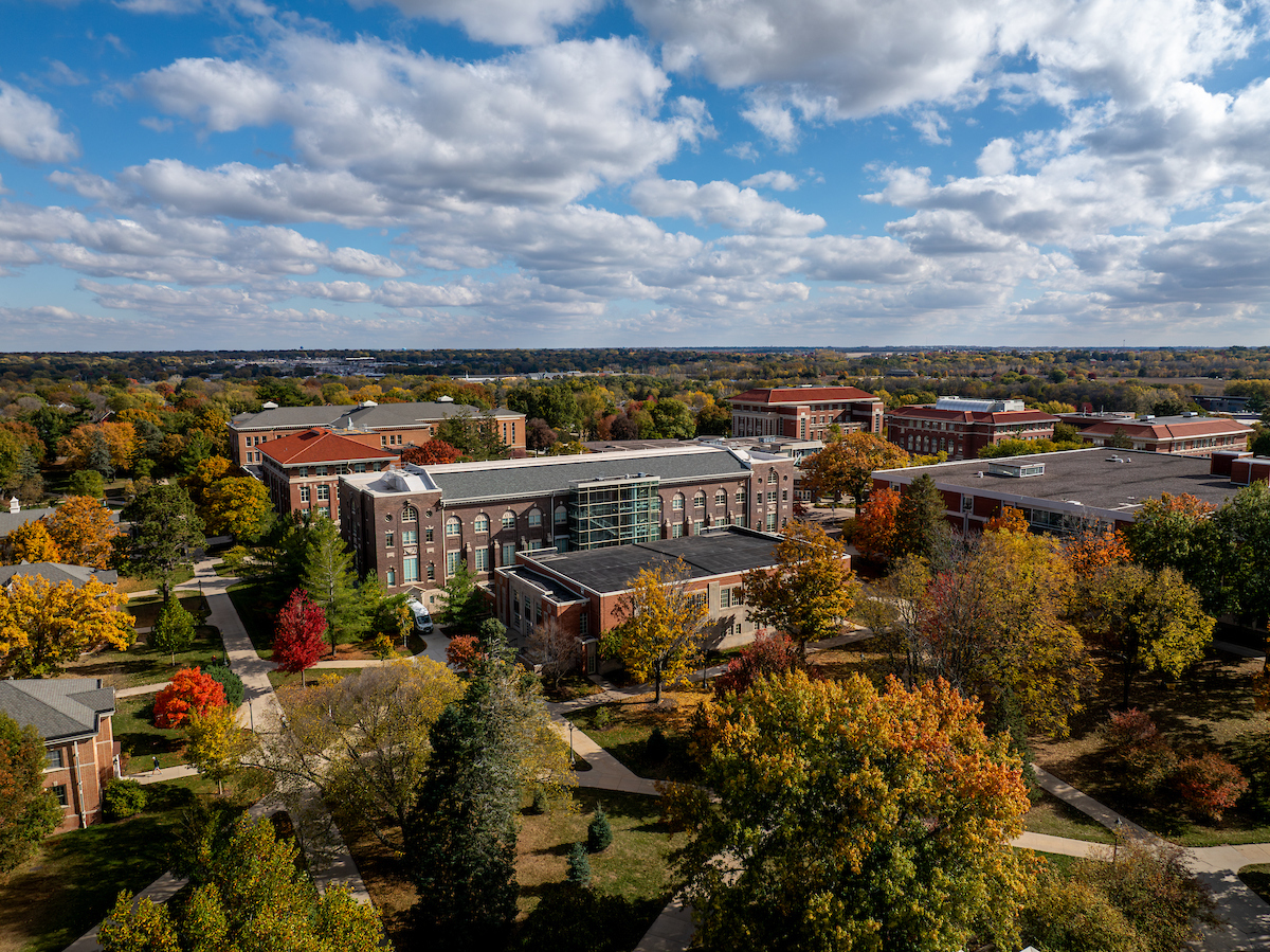 Aerial view of campus during fall