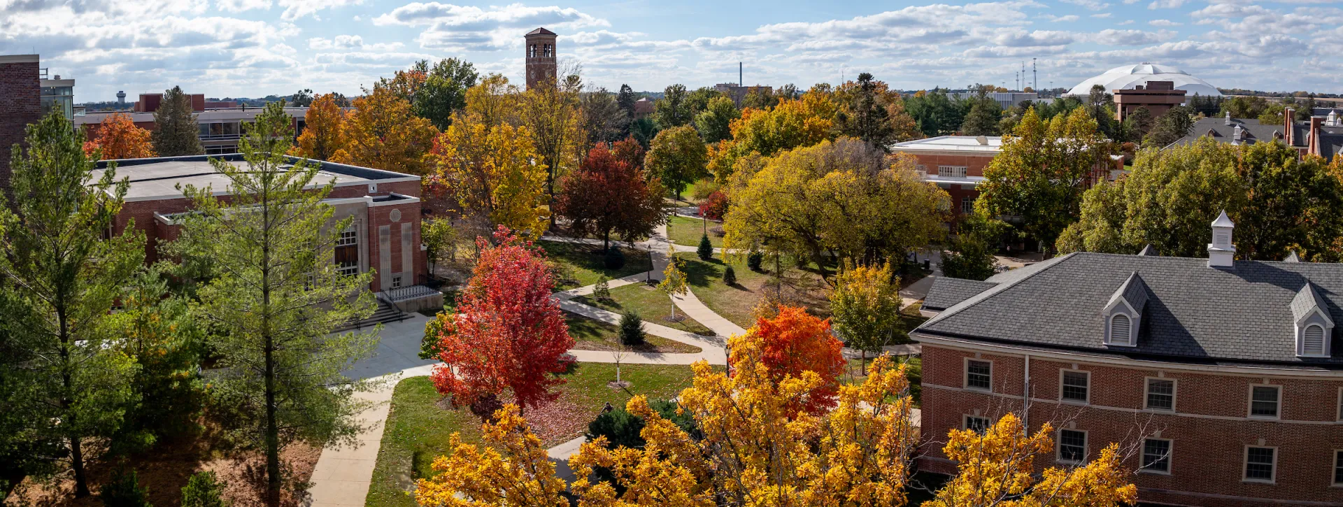 Aerial view of campus during fall