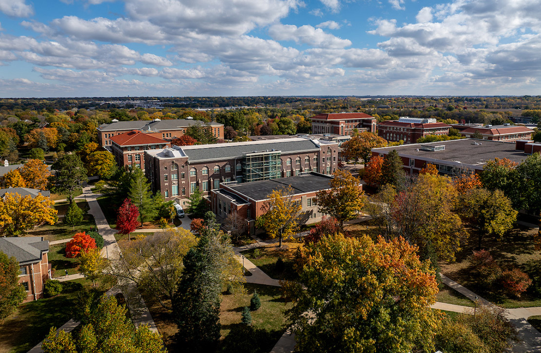 Aerial view of campus during fall