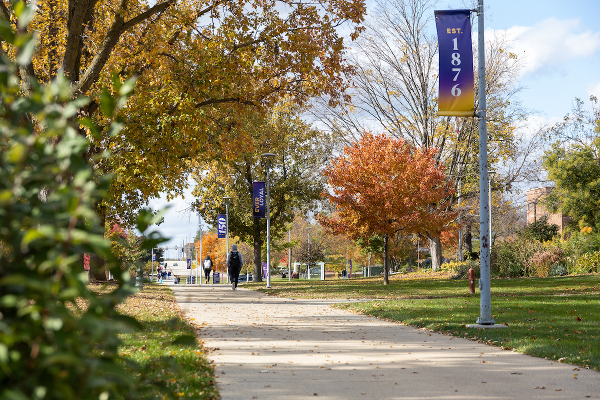 Campus sidewalk in fall